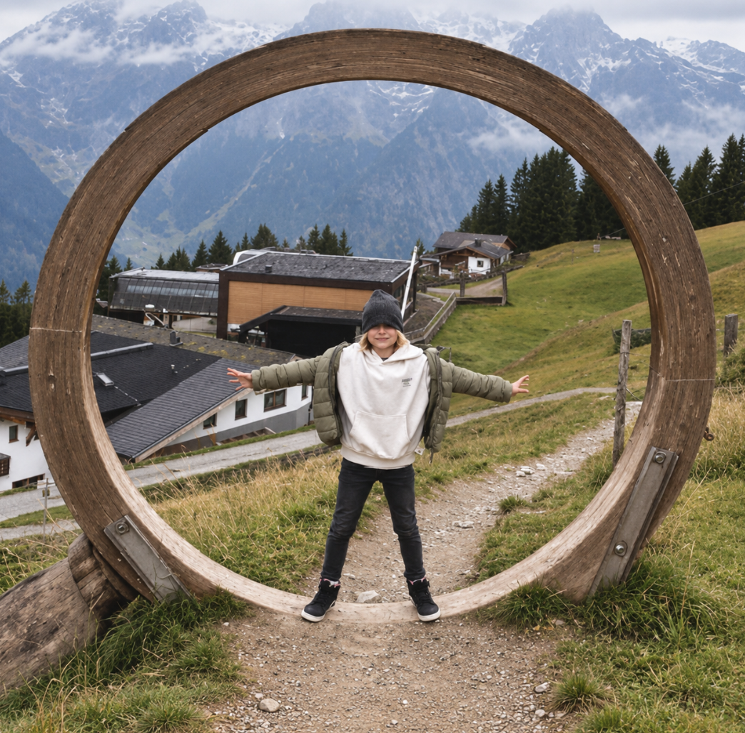 Person steht in einem großen Holzring vor einer Berglandschaft.